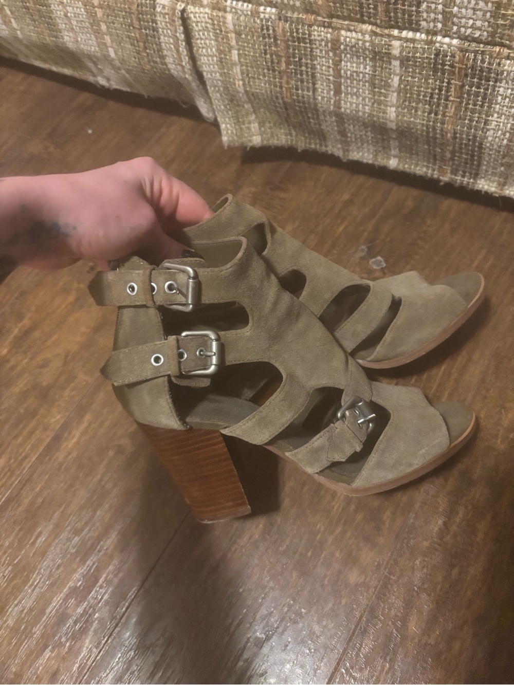 Marc Fisher Taupe Suede Cutout Buckle Heels